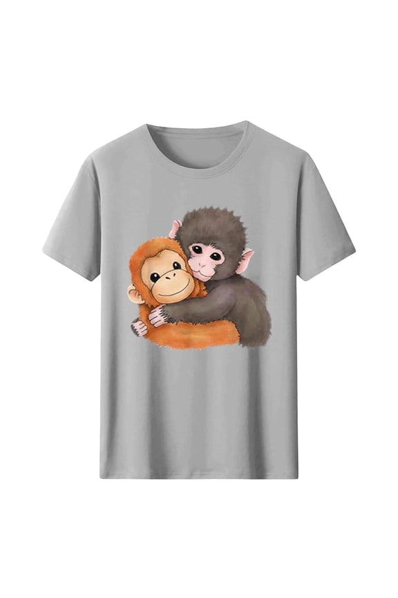 Cute Monkey Punch T-Shirt for Women Summer Cotton Brave Team Punching Graphic Tees Funny Baby Monkey Shirt for Women Gray XL