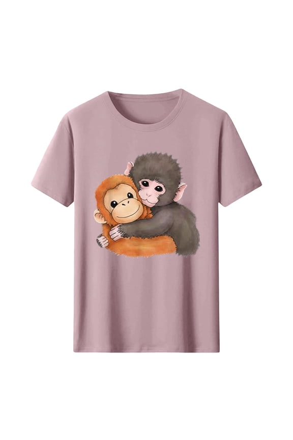 Cute Monkey Punch T-Shirt for Women Summer Cotton Brave Team Punching Graphic Tees Funny Baby Monkey Shirt for Women Pink XL