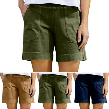 VEKDONE Deals Summer Cotton Linen Shorts for Women Casual Plus Size Loose Fit Shorts Solid Color High Waisted Lounge Short Pants with Pockets Army Green 3X-Large