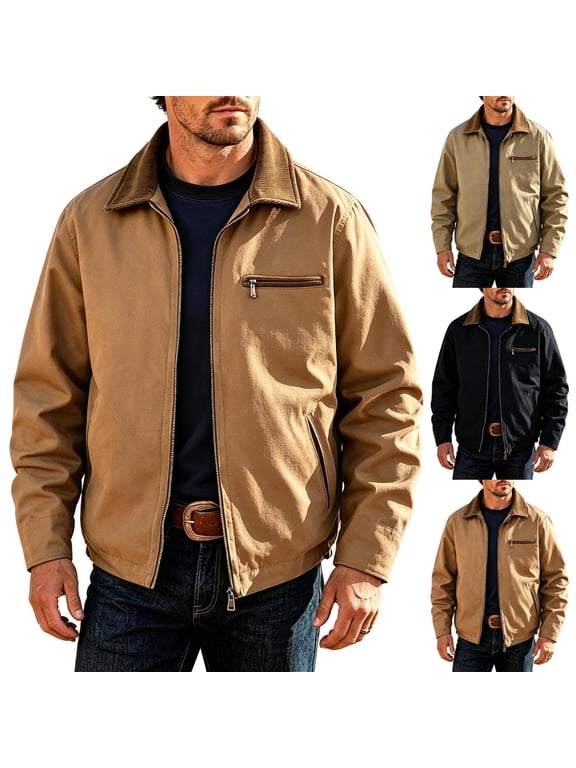Detroit Jackets For Men Vintage Canvas Lapel Collar Zip Up Jacket Relaxed Fit Long Sleeve Coat With Zipper Pocket Business Casual Commuting Outerwear Coffee,L