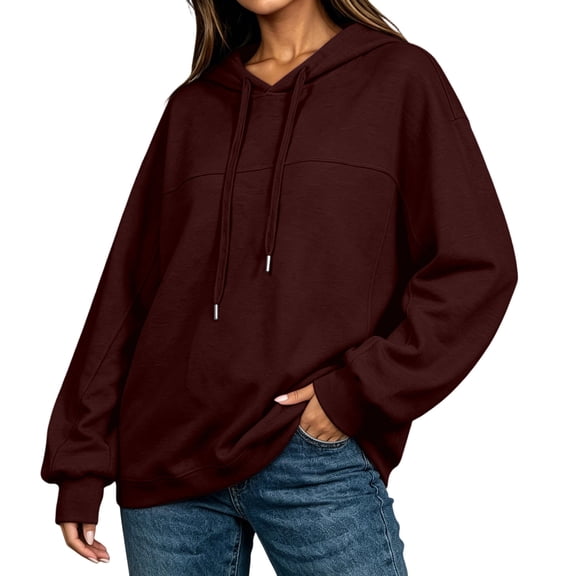 VEKDONE Drawstring Hoodie Sweatshirts for Women Long Sleeve Loose Fit Hooded Pullover Solid Color Lightweight Comfy Sweatshirt Wine XL
