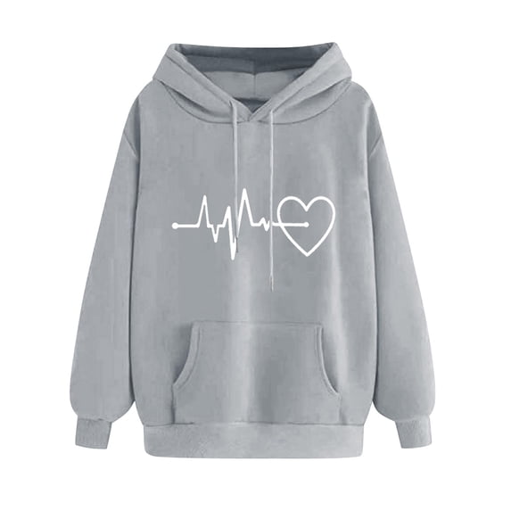 VEKDONE Drawstring Hoodies For Women Heartbeat Graphic Hooded Sweatshirt Fall Winter Long Sleeve Loose Fit Pullover Top with Pocket Gray S