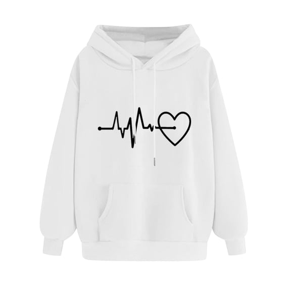 VEKDONE Drawstring Hoodies For Women Heartbeat Graphic Hooded Sweatshirt Fall Winter Long Sleeve Loose Fit Pullover Top with Pocket White S