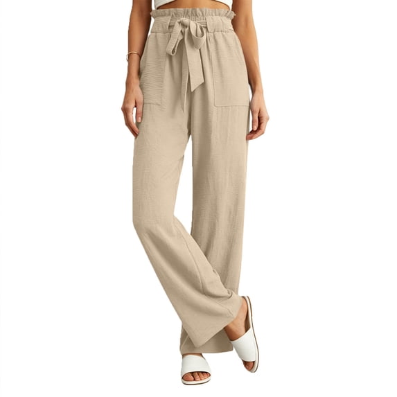VEKDONE Drawstring Straight Trousers for Women Elastic High Waisted Wide Leg Pant with Pockets Summer Casual Loose Fit Long Pants Lounge Slacks Khaki XXL