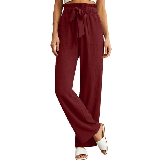 VEKDONE Drawstring Straight Trousers for Women Elastic High Waisted Wide Leg Pant with Pockets Summer Casual Loose Fit Long Pants Lounge Slacks Wine XL