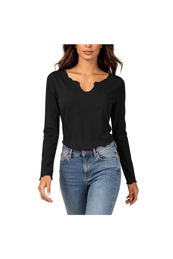 Dressy Tops for Women U Neck Cropped Long Sleeve Lettuce Hem Shirts Fall Lightweight Scalloped Trendy Casual Blouses Black L