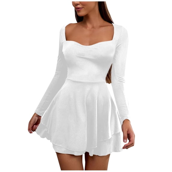 VEKDONE Elegant Dresses for Women Solid Color Square Neck Long Sleeve Mini Dress Fashion Pleated Layered Hem Dress Casual Party Club Clothes White M
