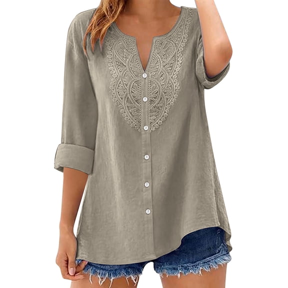 VEKDONE Embroidered Shirts for Women 3/4 Sleeve Button Down V Neck Tunic Tops Summer Casual Loose Fit Lightweight Shirt Fashion Blouses Khaki L