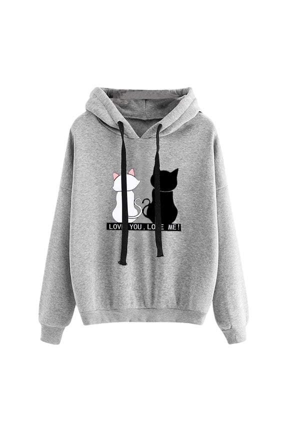 Fall Hoodie Sweatshirts for Women Long Sleeve Cute Cat Graphic Pullover Loose Fit Drawstring Hooded Blouse Plus Size Tops Gray L