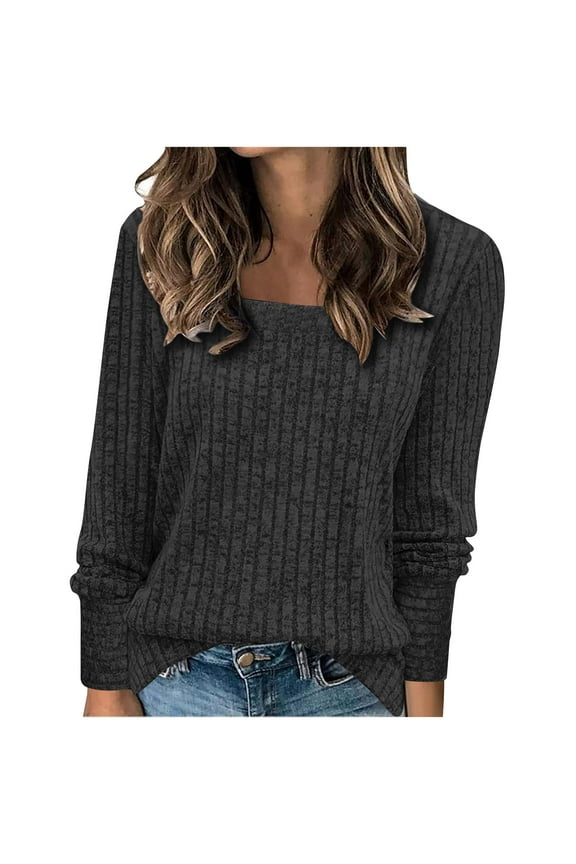 Fall Deal Plus Size Knit Pullover for Women Long Sleeve Square Neck Thin Blouse Solid Color Loose Fit Sweater Fall Winter Trendy Outdoor Top