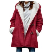 VEKDONE Fall Deal Women Fuzzy Fleece Lined Hoodie Jackets Parka Plus Size Winter Warm Coats Lapel Horn Button Down Furry Outerwear Solid Color Plush Comfy Coat with Pockets