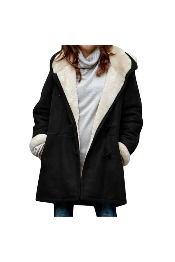 Fall Deal Women Fuzzy Fleece Lined Hoodie Jackets Parka Plus Size Winter Warm Coats Lapel Horn Button Down Furry Outerwear Solid Color Plush Comfy Coat with Pockets