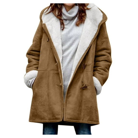 VEKDONE Fall Deal Women Fuzzy Fleece Lined Hoodie Jackets Parka Plus Size Winter Warm Coats Lapel Horn Button Down Furry Outerwear Solid Color Plush Comfy Coat with Pockets