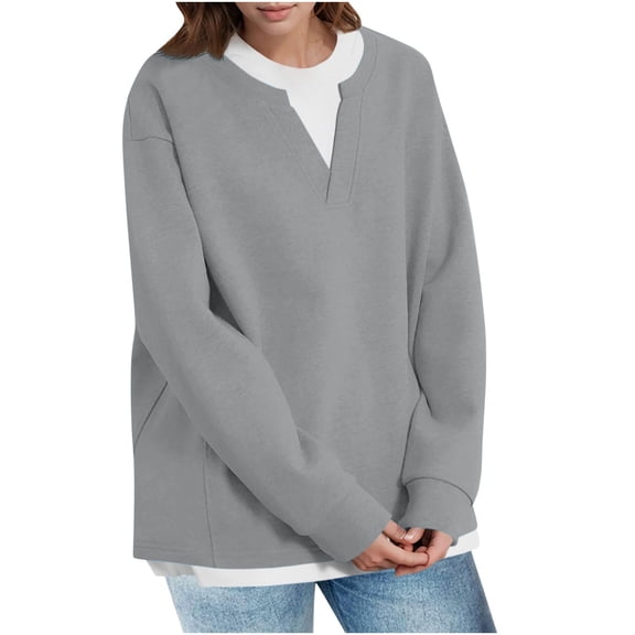 VEKDONE Fall Fleece Sweatshirts for Women Long Sleeve Patchwork Fake 2 Piece Pullover Top Casual Loose Fit Crewneck Y2k Blouse Soft Comfy Sweatshirt