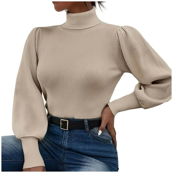 VEKDONE Fall Winter Turtleneck Sweaters for Women Lantern Long Sleeve Ribbed Knitted Slim Fit Pullover Sweater Tops