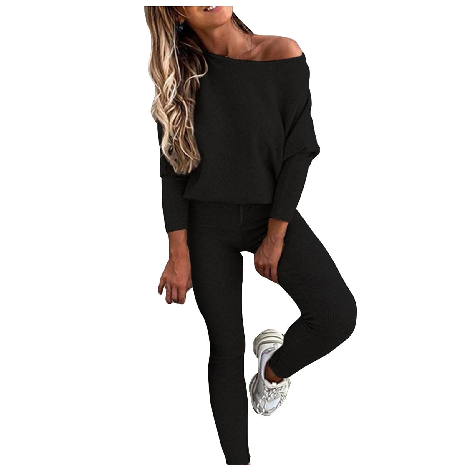 VEKDONE Fashion 2 Piece Outfits for Women 2024 Clearance Sale Sexy Off Shoulder Blouse and Solid Color Long Pants Match Suit Casual Loose Fit Outdoor Sweatsuits