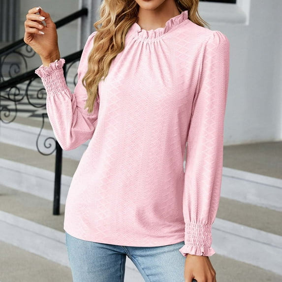 VEKDONE Fashion Deals 15 Under Womens Long Sleeve Blouses Elegant Shirts Casual Loose Tops Ruffles Hem Pleated Tees Shirts Clearance Sale Pink,XL