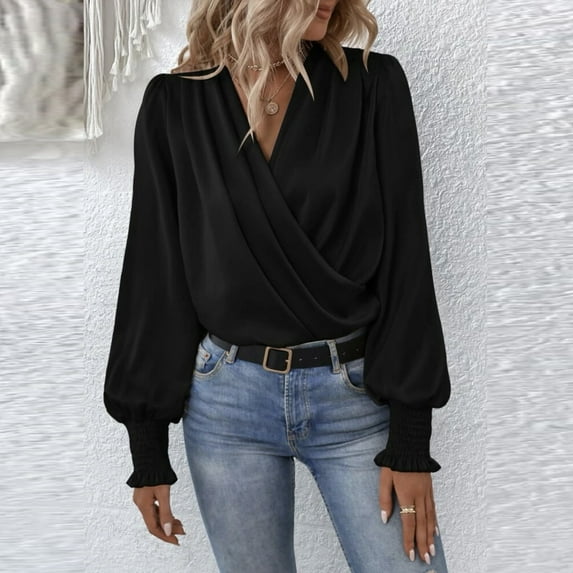 VEKDONE Fashion Deals Under 15 Women Satin Chiffon Shirt Elegant Wrap V Neck Shirred Shirts Fall Ruched Casual Long Sleeve Tops Black,XL