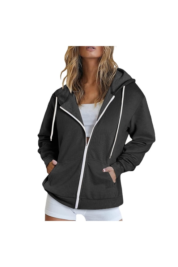 Fashion Hoodie Jackets for Women Long Sleeve Drawstring Tunics Coat Solid Color Zipper Outwear with Pockets Casual Outdoor Y2K Hooded Jacket