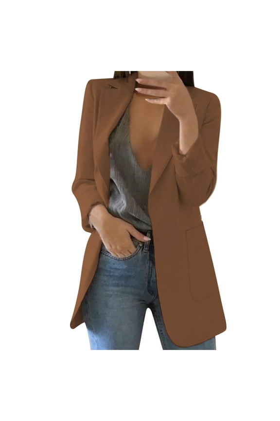 Fashion Jackets for Women Long Sleeve Button Long Coat with Pockets Solid Color Lapel Plus Size Outwear Fall Casual Business Work Jacket Brown XL
