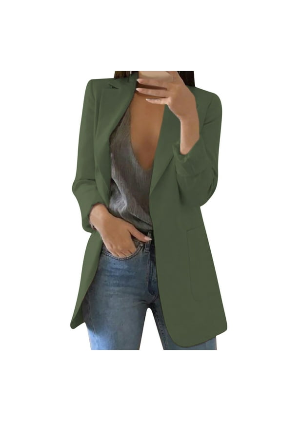Fashion Jackets for Women Long Sleeve Button Long Coat with Pockets Solid Color Lapel Plus Size Outwear Fall Casual Business Work Jacket Army Green XXL