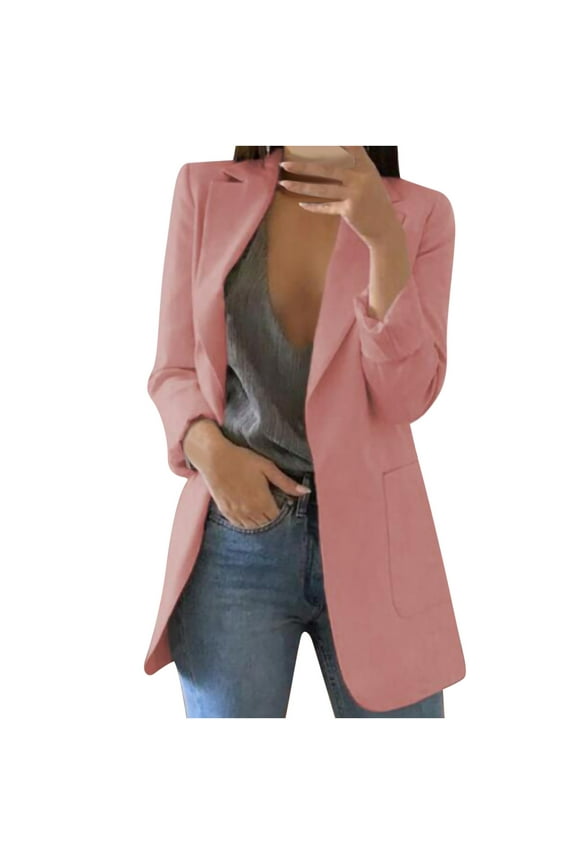 Fashion Jackets for Women Long Sleeve Button Long Coat with Pockets Solid Color Lapel Plus Size Outwear Fall Casual Business Work Jacket Pink XL