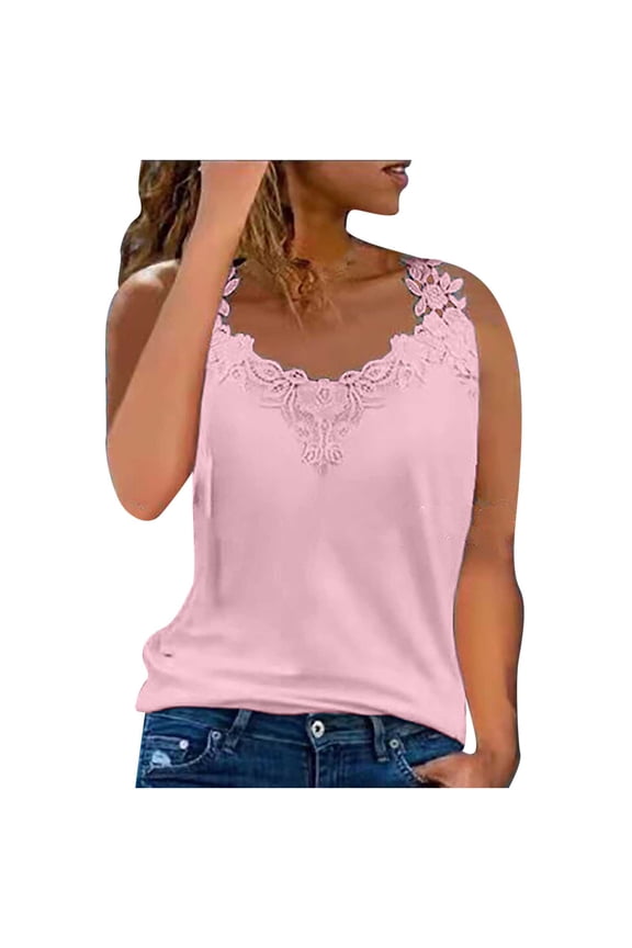 Fashion Lace V-Neck Tank Tops for Women Summer Sleeveless Patchwork Loungt Tanks Solid Color Slim Fit Tunics Tops Pink Small