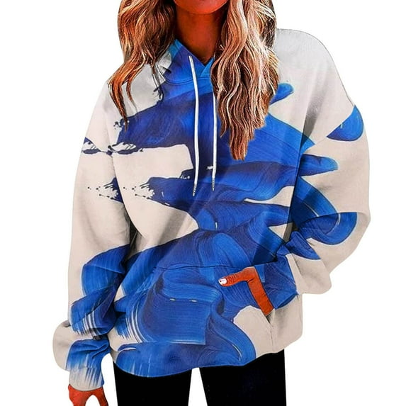 VEKDONE Fashion Print Hoodie Sweatshirts for Women 2025 Clearance Sale Fall Long Sleeve Drawstring Hooded Pullover Teen Girl Loose Fit Outwear Y2K Blouse Blue XXL