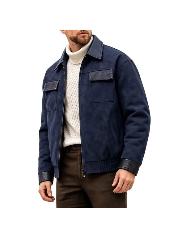 Faux Suede Jacket Men Vintage Lapel Collar Zip Up Jackets Relaxed Fit Elastic Hem Patchwork Coat Outdoor Business Casual Outerwear Blue,S