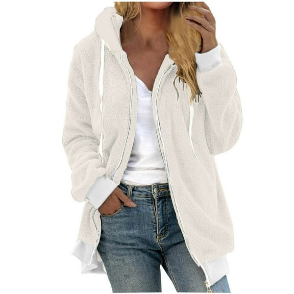 VEKDONE Fleece Hoodie Coat For Women Hooded Fuzzy Sherpa Jacket Full Zip Up Drawstring Hoodie Jackets with Pockets Winter Fashion Outerwear Clothes
