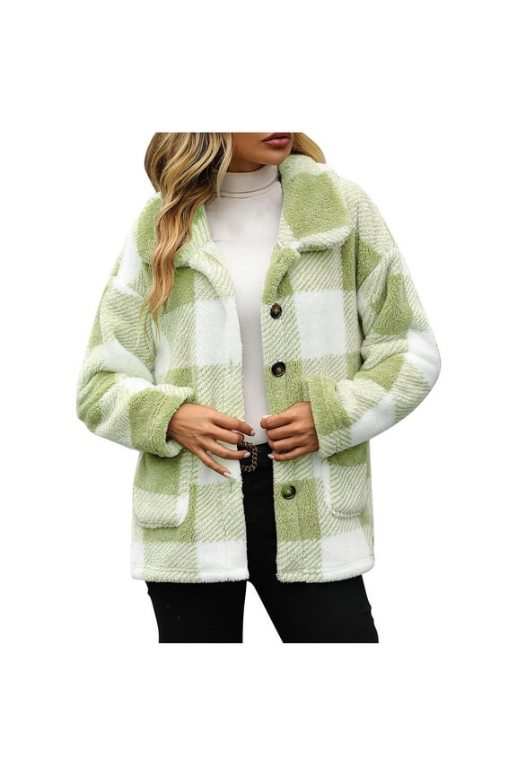 Fleece Jacket for Women Flannel Plaid Shacket Jackets Button Down Lapel Collar Outerwear with Pockets Fall Winter Fashion Coats