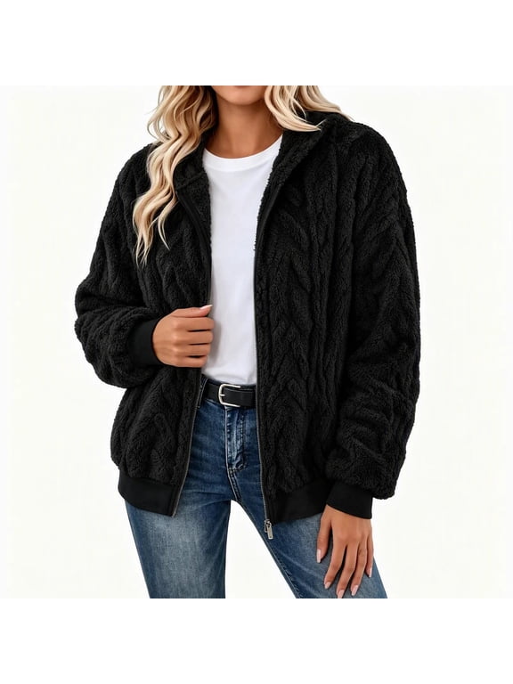 Fleece Jackets for Women Cable Knit Hooded Zip Up Warm Coat Loose Fit Fuzzy Elastic Cuffs Jacket Outdoor Fall Winter Trendy Outerwear for Cold Weather