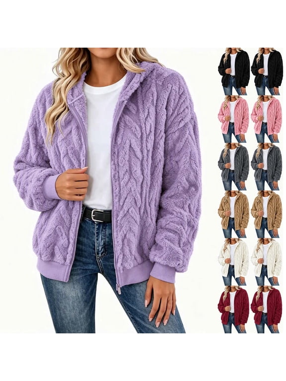 Fleece Jackets for Women Cable Knit Hooded Zip Up Warm Coat Loose Fit Fuzzy Elastic Cuffs Jacket Outdoor Fall Winter Trendy Outerwear for Cold Weather
