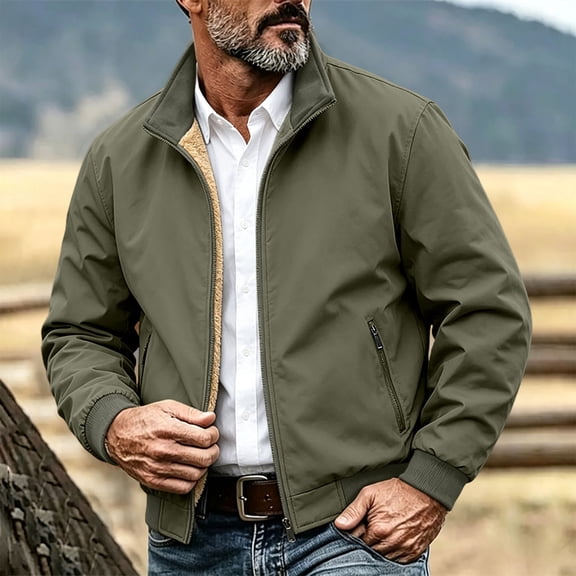 VEKDONE Fleece Lined Jackets for Men Stand Collar Full Zip Up Warm Jacket Zipper Pockets Ribbed Cuffs Relaxed Fit Coat Outdoor Commuting Outerwear for Cold Weather