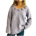 thumbnail image 1 of VEKDONE Flower Applique Sweater for Women Long Sleeve Crewneck Knit Sweaters Solid Color Soft Comfy Pullover Knitwear with Scalloped Hem, 1 of 6