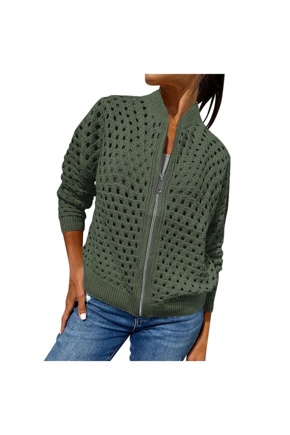 Full Zip Up Coats for Women Knit Hollow Out Crochet Jackets Fall Long Sleeve Lightweight Sweater Coats Cropped Knitwear Sweater Outerwear