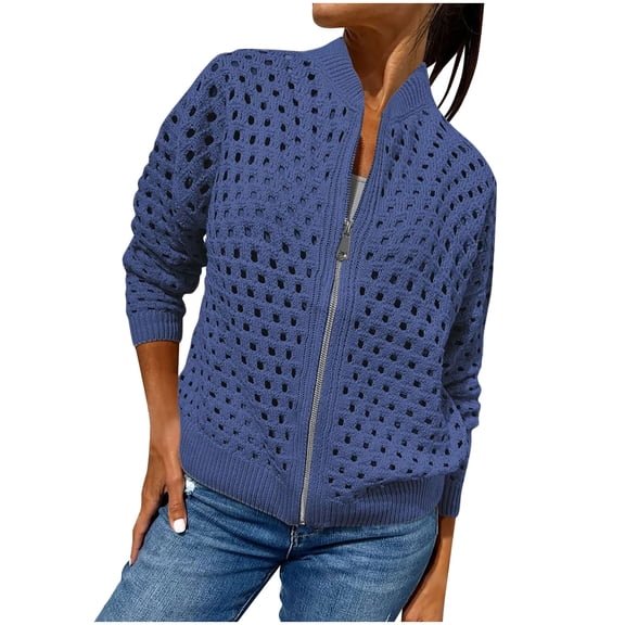 VEKDONE Full Zip Up Coats for Women Knit Hollow Out Crochet Jackets Fall Long Sleeve Lightweight Sweater Coats Cropped Knitwear Sweater Outerwear