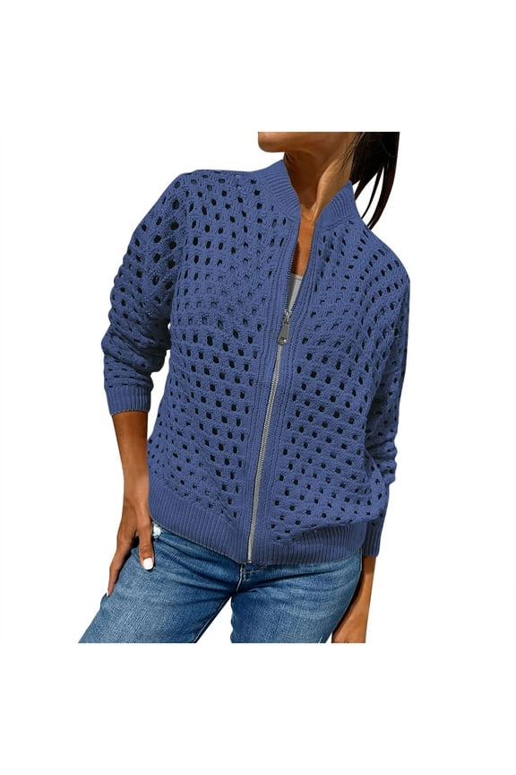 Full Zip Up Coats for Women Knit Hollow Out Crochet Jackets Fall Long Sleeve Lightweight Sweater Coats Cropped Knitwear Sweater Outerwear