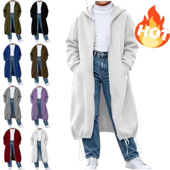 VEKDONE Girls Long Hoodie Jacket Full Zip Oversized Maxi Length Hooded Sweatshirt Coat with Pockets & Drawstring Hem Casual Loose Long Sleeve Outerwear for Fall Winter White,140
