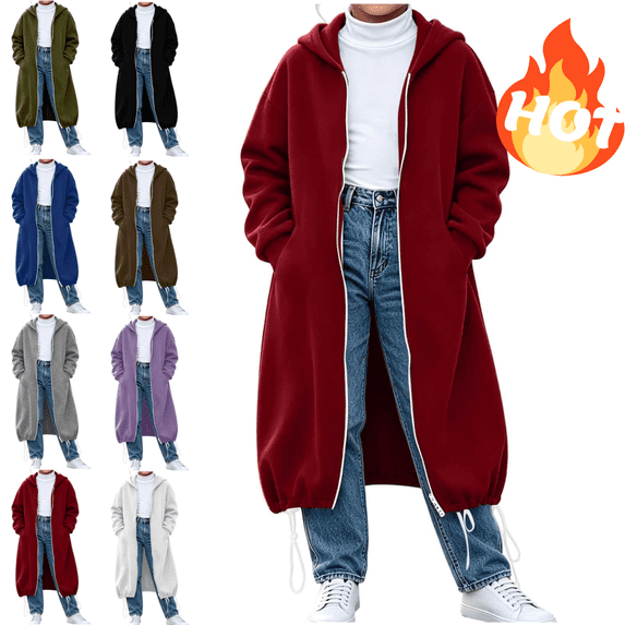 VEKDONE Girls Long Hoodie Jacket Full Zip Oversized Maxi Length Hooded Sweatshirt Coat with Pockets & Drawstring Hem Casual Loose Long Sleeve Outerwear for Fall Winter Wine,170