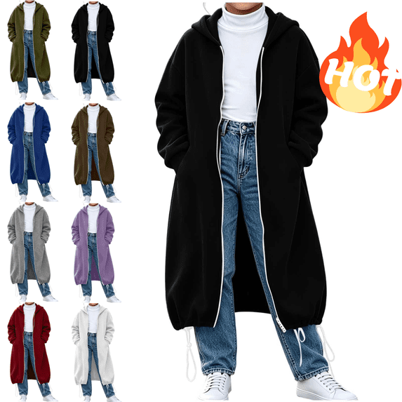 VEKDONE Girls Long Hoodie Jacket Full Zip Oversized Maxi Length Hooded Sweatshirt Coat with Pockets & Drawstring Hem Casual Loose Long Sleeve Outerwear for Fall Winter Black,130