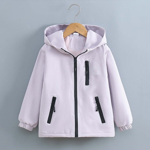 VEKDONE Girls Windbreaker Jacket Hooded Full Zip Fleece Lined Winter Coats Kids Windproof Water Resistant Outdoor Play Active Outerwear With Pockets
