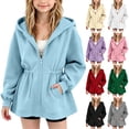 thumbnail image 1 of VEKDONE Girls Zip Up Hoodie Kids Cinched Waist Drawstring Hooded Sweatshirt Jacket Casual Long Sleeve Fall Winter Daily Outerwear Light Blue,9-10 Years, 1 of 7