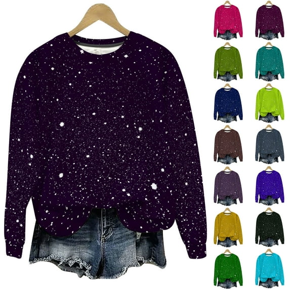 VEKDONE Glitter Graphic Sweatshirts for Women Fall Long Sleeve Thin Pullover Tops Casual Loose Fit Crewneck Sweatshirt