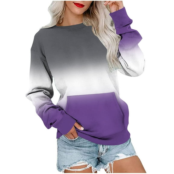 VEKDONE Gradient Color Sweatshirts for Women Long Sleeve Crewneck Pullover Casual Loose Fit Thin Fleece Tops Outdoor Streetwear Blouse Fall Clothes Top