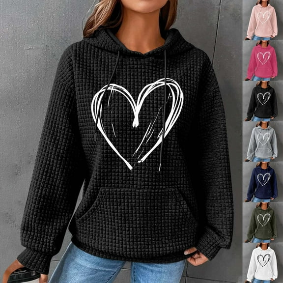 VEKDONE Heart Print Hooded Sweatshirts for Women Waffle Knit Hoodies Fall Long Sleeve Drawstring Pullover Sweatshirt with Pockets Fall Fashion Clothes