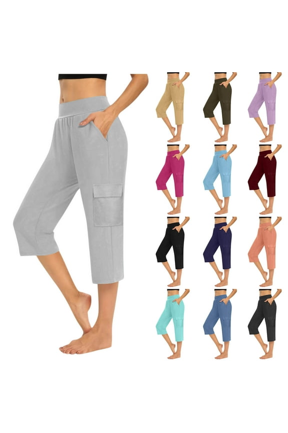 High Waist Capris for Women Cargo Capri Pant Workout Yoga Pants with Pockets Tummy Control Leggings Crop Straight Pant