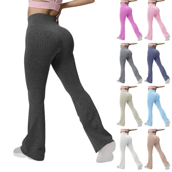 VEKDONE High Waisted Yoga Pants for Women Ribbed Knit Stretchy Comfy Flare Pants Seamless Tummy Control Butt Lifting Workout Pants Casual Outdoor Athletic Flared Pants