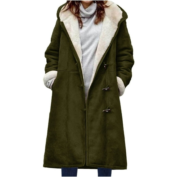 VEKDONE Hoodie Jackets for Women 2025 Clearance Fall Winter Lined Fleece Horn Button Coat with Pockets Solid Color Plush Warm Long Hooded Outwear Army Green S