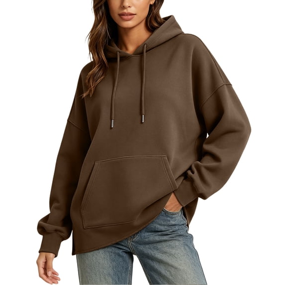VEKDONE Hoodies for Women Long Sleeve Drawstring Hood Sweatshirt with Kangaroo Pocket Oversized Loose Fit Casual Solid Color Pullover Sweatshirt Brown L
